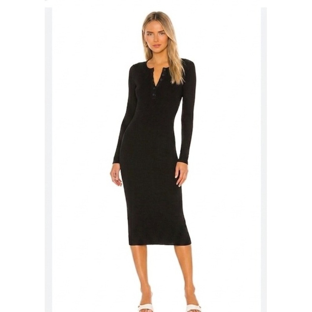 Enza Costa Black Silk Blend Waffle Henley Midi Dress Bodycon Long Sleeve Small